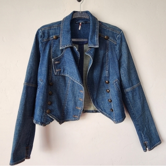Free People Military Band Denim Jacket in Vintage Blue Moto Jacket Size XS - Picture 12 of 15